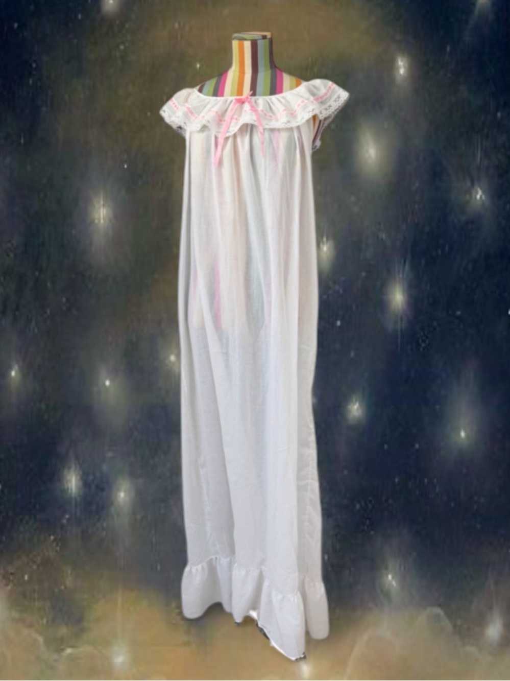 True Vintage White Lace Ruffle Nightgown Slip Maxi Dress Poly Cotton Blend